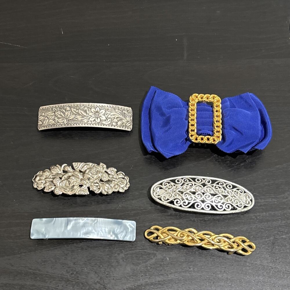 Vintage Barrette Hair Clips Lot Of 6 Gold Silver Bow Ornate Floral Etched France